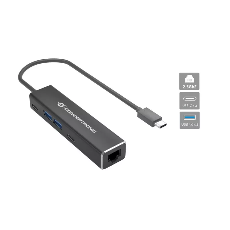Conceptronic ABBY14B Adaptador Ethernet 2.5G USB 3.2 Gen 1 con hub USB, 2.5GbE, USB-A x 2, USB-C x 2
