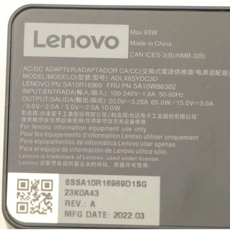 Lenovo 5A10W86202 fuente de alimentación para interior 65 W negro