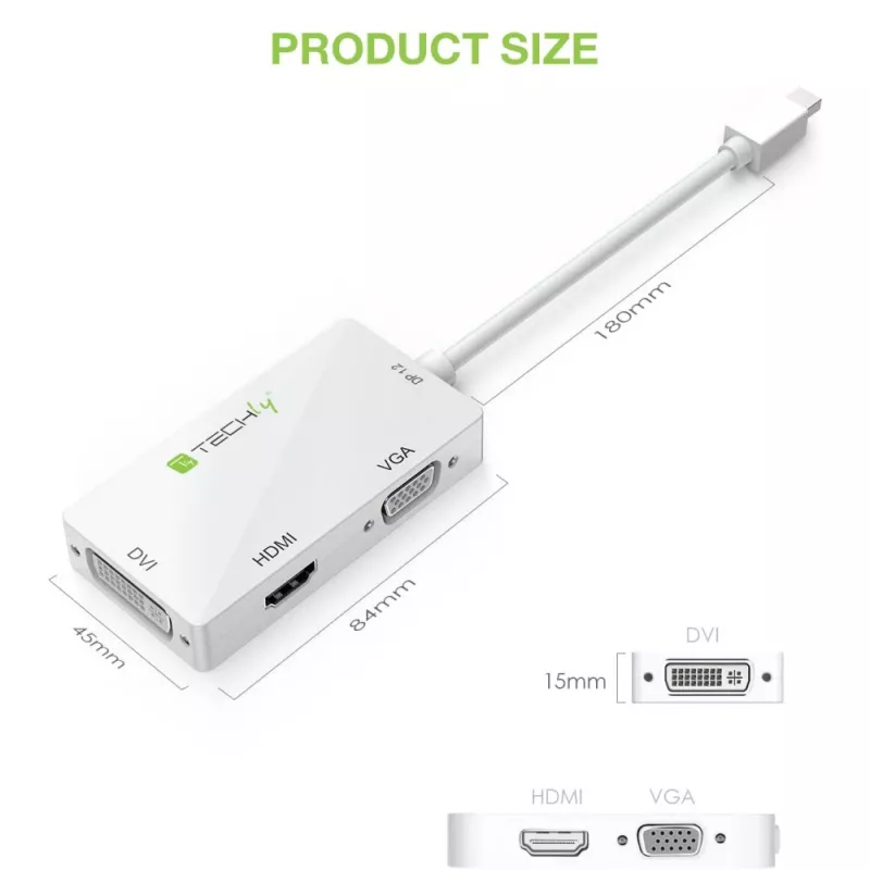 Adaptador Techly 3 en 1 Mini DisplayPort (Thunderbolt) a HDMI / DVI / VGA IADAP MDP-COMBOF12