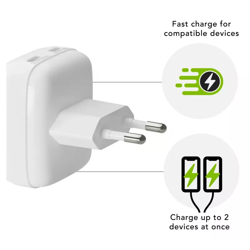 Cargador de pared d bramante re-charge Pro EU plano 2×USB-C 20W Blanco (Interior)
