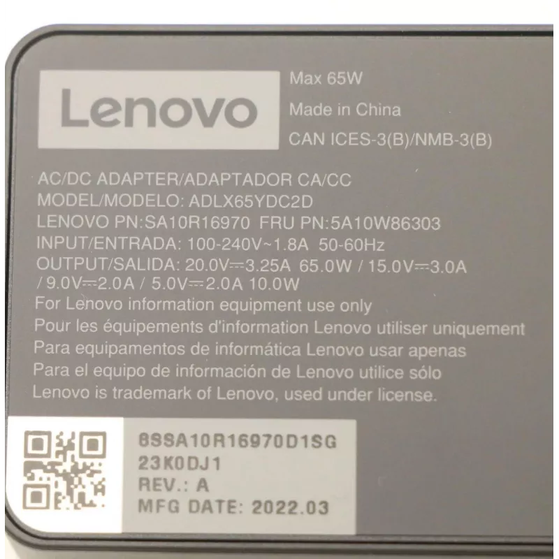 Adaptador de CA 65W USB Type-C Lenovo 5A10W86303, fuente de alimentación USB-C PD 65 W