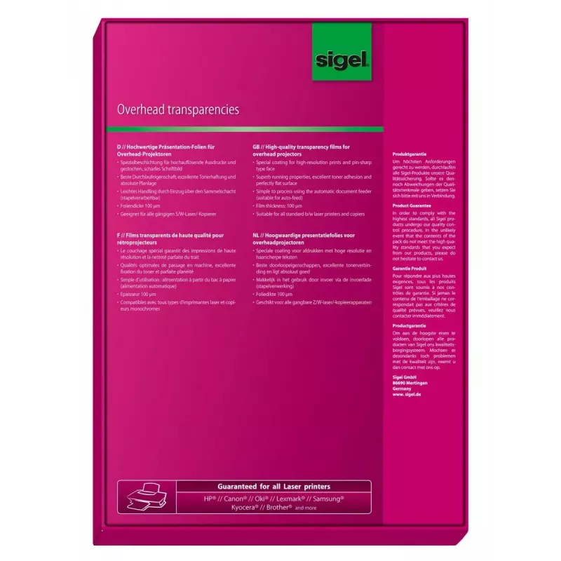 Transparencia para impresora láser Sigel LF419 A4 210×297 mm transparente 100 hojas