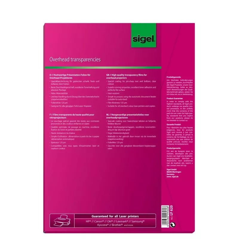 Transparencia para impresora láser Sigel LF620 A4 50 hojas Transparente