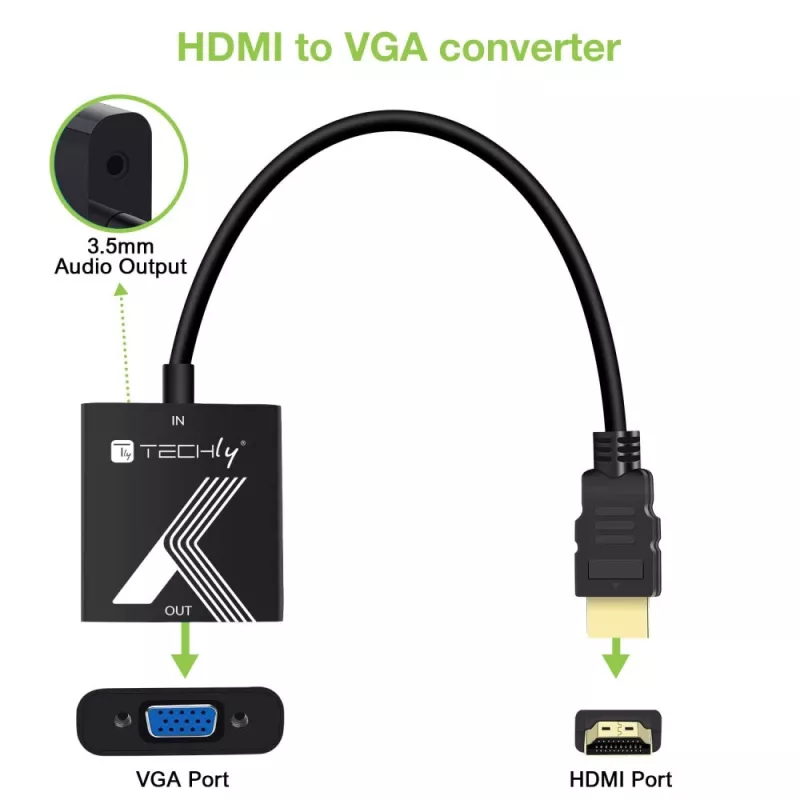Adaptador de cable Techly convertidor HDMI a VGA con conector jack de audio