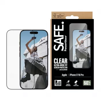 PanzerGlass SAFE. by ® protector de pantalla con marco negro iPhone 17 | 16 Pro | Ultra-Wide Fit con EasyAligner