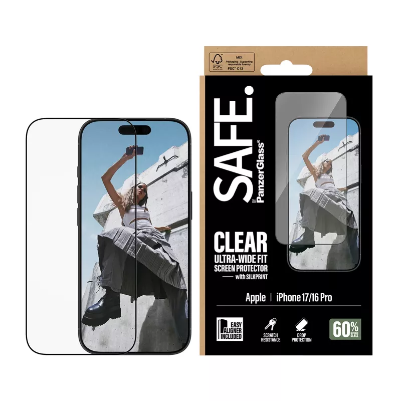 PanzerGlass SAFE. by ® protector de pantalla con marco negro iPhone 17 | 16 Pro | Ultra-Wide Fit con EasyAligner