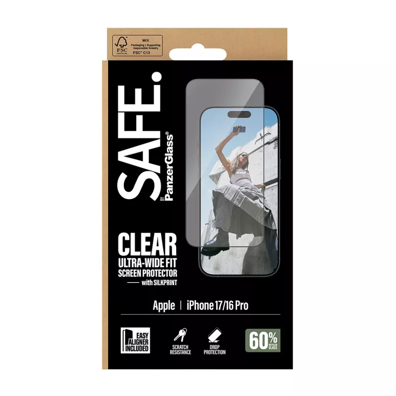 PanzerGlass SAFE. by ® protector de pantalla con marco negro iPhone 17 | 16 Pro | Ultra-Wide Fit con EasyAligner