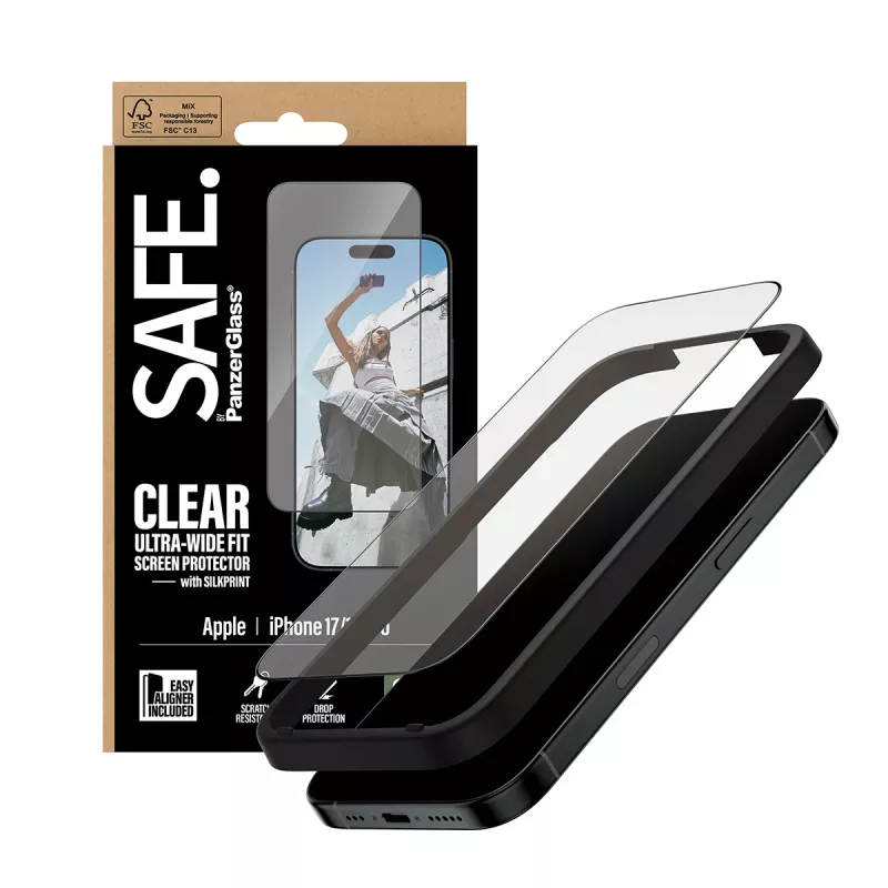 PanzerGlass SAFE. by ® protector de pantalla con marco negro iPhone 17 | 16 Pro | Ultra-Wide Fit con EasyAligner