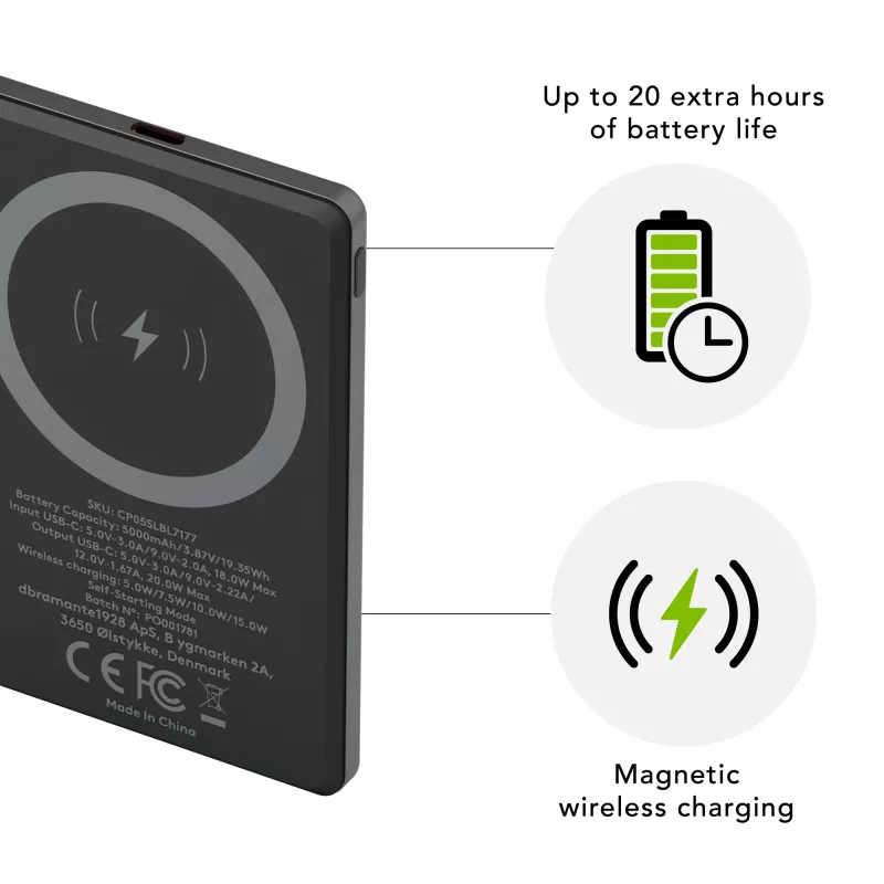 dbramante1928 re-charge - batería externa 5K Wireless - gris, 5000 mAh, carga inalámbrica, 3,87 V, gris
