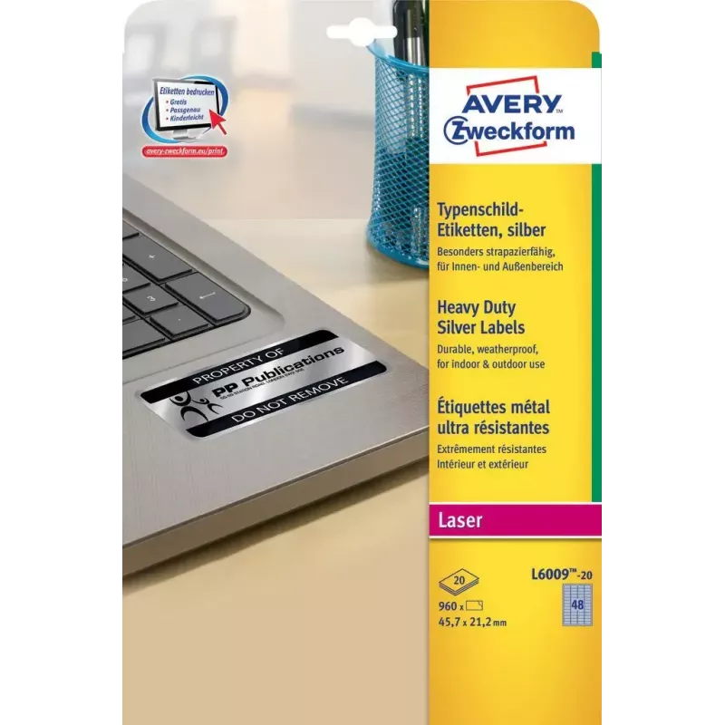 Etiquetas resistentes Avery L6009-20 plata rectángulo redondeado