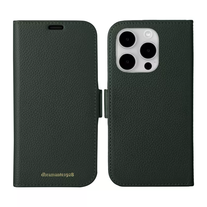 Funda tipo cartera dbramante1928 New York para iPhone 15 Pro, unicolor verde, 3 compartimentos para tarjetas