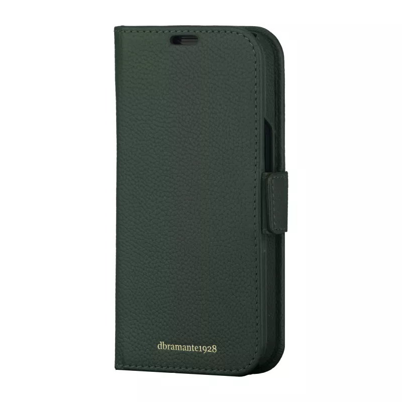 Funda tipo cartera dbramante1928 New York para iPhone 15 Pro, unicolor verde, 3 compartimentos para tarjetas