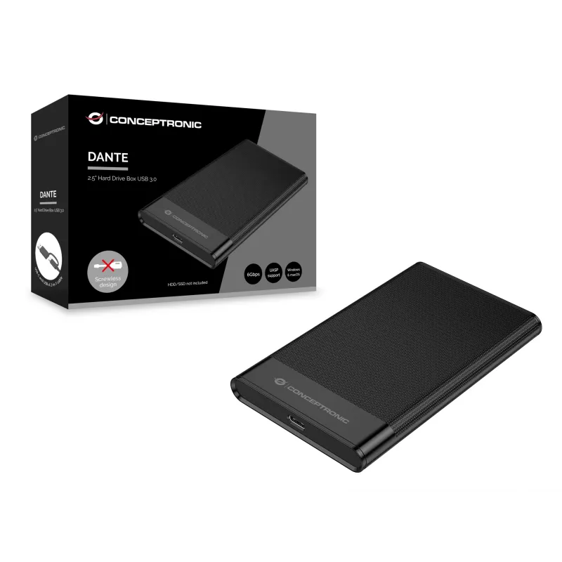 Carcasa para disco duro Conceptronic DANTE06B de 2,5 pulgadas USB 3.0, carcasa HDD/SSD, 2,5 pulgadas, Serial ATA III, 6 Gbit/s, conexión USB, negro