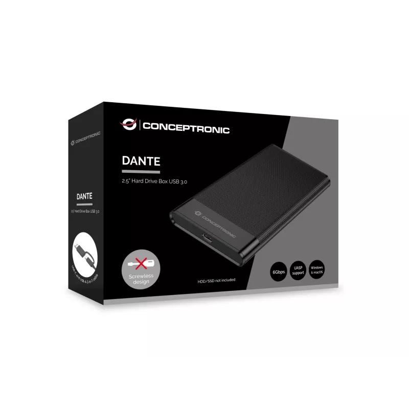 Carcasa para disco duro Conceptronic DANTE06B de 2,5 pulgadas USB 3.0, carcasa HDD/SSD, 2,5 pulgadas, Serial ATA III, 6 Gbit/s, conexión USB, negro