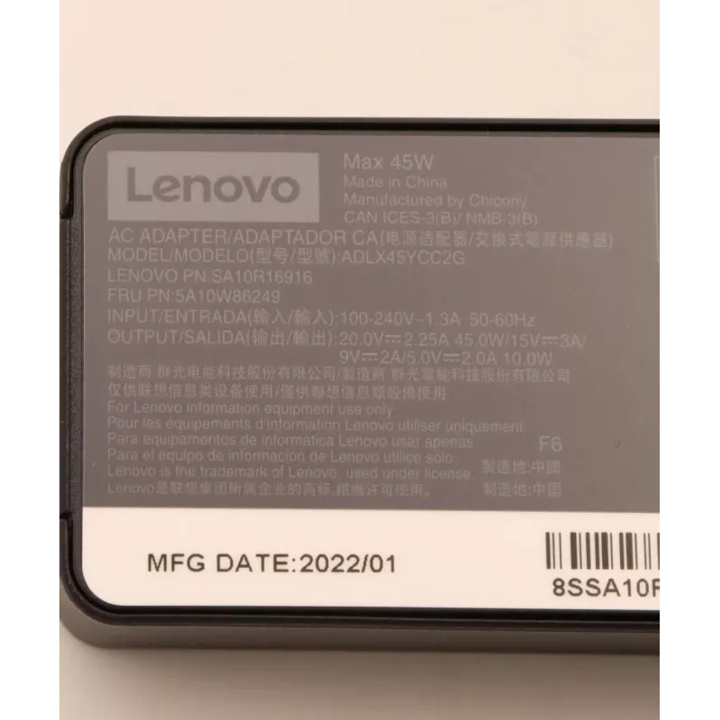 Adaptador de CA Lenovo 45 W USB-C 5A10W86249 – fuente de alimentación USB-C de 45 W para portátiles y dispositivos