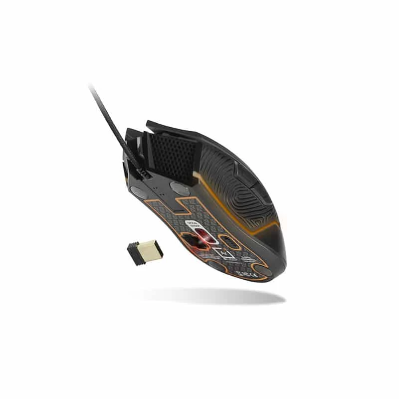 Lexip Ar18 – Ratón gaming inalámbrico con patines cerámicos, diseño para diestros, óptico, RF Wireless + USB Type-A, 4800 DPI, Negro