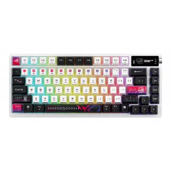 Teclado mecánico gaming ASUS ROG Azoth X — diseño 75%, USB + RF Wireless + Bluetooth, RGB, reposamuñecas, negro/blanco