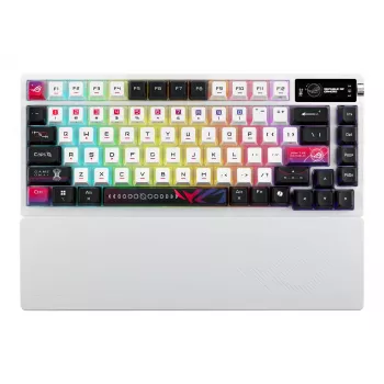Teclado mecánico gaming ASUS ROG Azoth X — diseño 75%, USB + RF Wireless + Bluetooth, RGB, reposamuñecas, negro/blanco