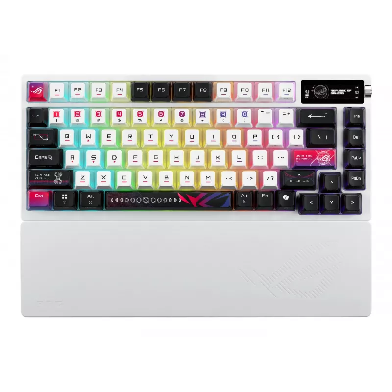 Teclado mecánico gaming ASUS ROG Azoth X — diseño 75%, USB + RF Wireless + Bluetooth, RGB, reposamuñecas, negro/blanco