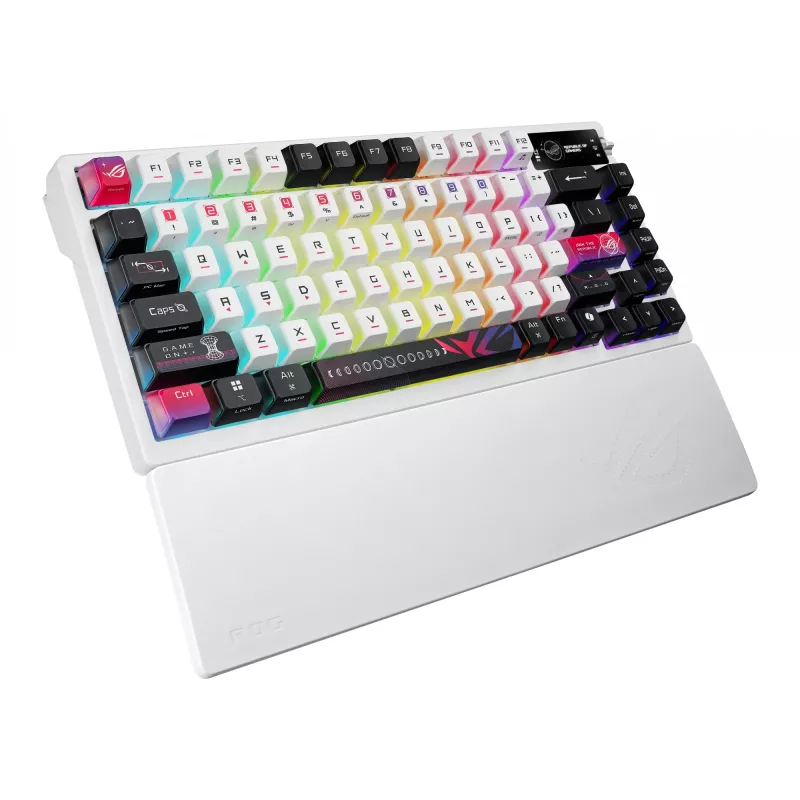 Teclado mecánico gaming ASUS ROG Azoth X — diseño 75%, USB + RF Wireless + Bluetooth, RGB, reposamuñecas, negro/blanco