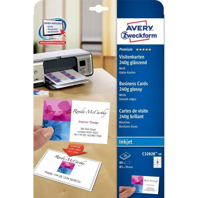 Avery Zweckform Quick&Clean C32028-10 Tarjetas de visita fotográficas brillantes, blanco, 220 g/m2, 10 hojas