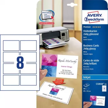 Avery Zweckform Quick&Clean C32028-10 Tarjetas de visita fotográficas brillantes, blanco, 220 g/m2, 10 hojas