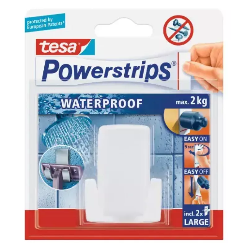 Soporte de afeitadora Tesa Powerstrips Waterproof Wave, soporte autoadhesivo para baño, diseño impermeable, blanco
