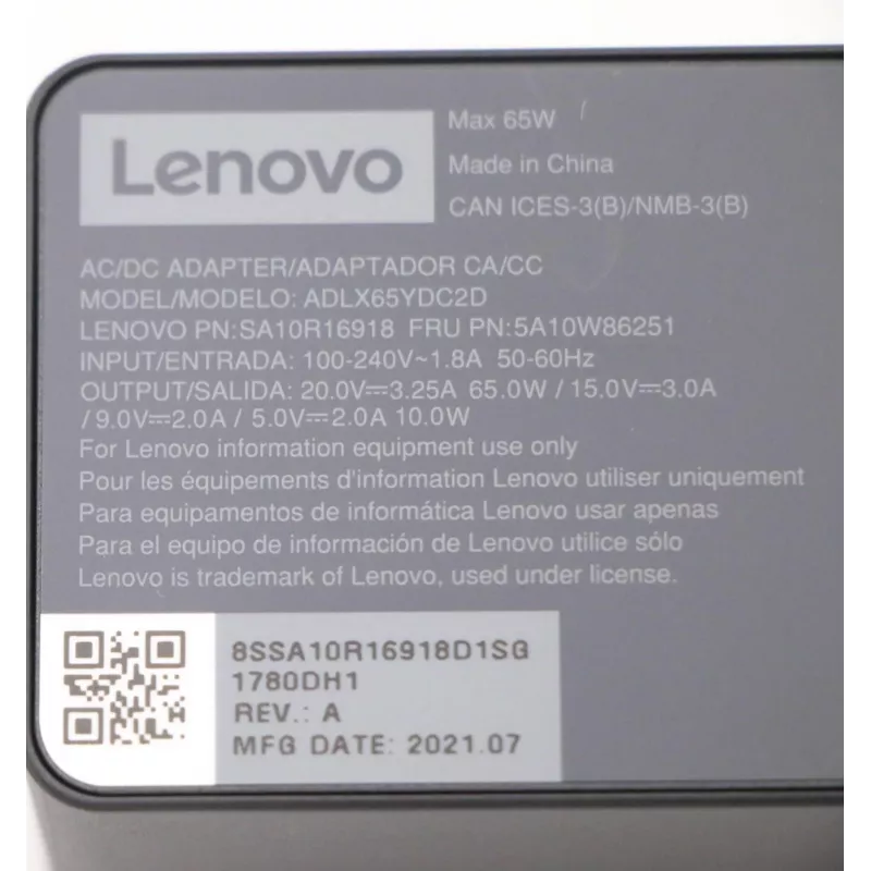 Fuente de alimentación Lenovo 5A10W86251 para interiores 65 W negra