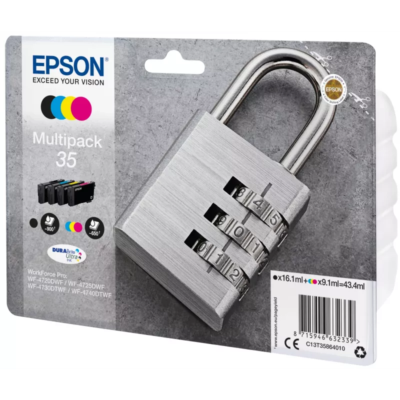 Epson Candado Multipack 4 colores 35 Tinta DURABrite Ultra, alcance estándar, Negro, Cian, Magenta, Amarillo, Tinta pigmentada, 16,1 ml, 9,1 ml, 1 ud.