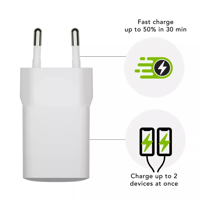 Cargador de interior USB-C 30W + USB-A 18W de d bramante – modelo CH18EUWH7082, blanco, AC 110–240V