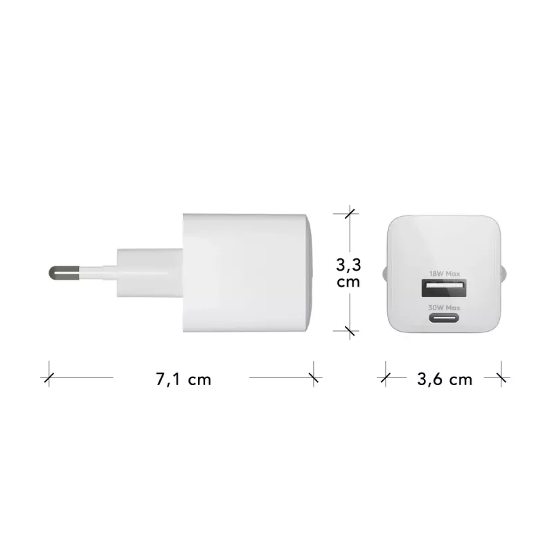 Cargador de interior USB-C 30W + USB-A 18W de d bramante – modelo CH18EUWH7082, blanco, AC 110–240V
