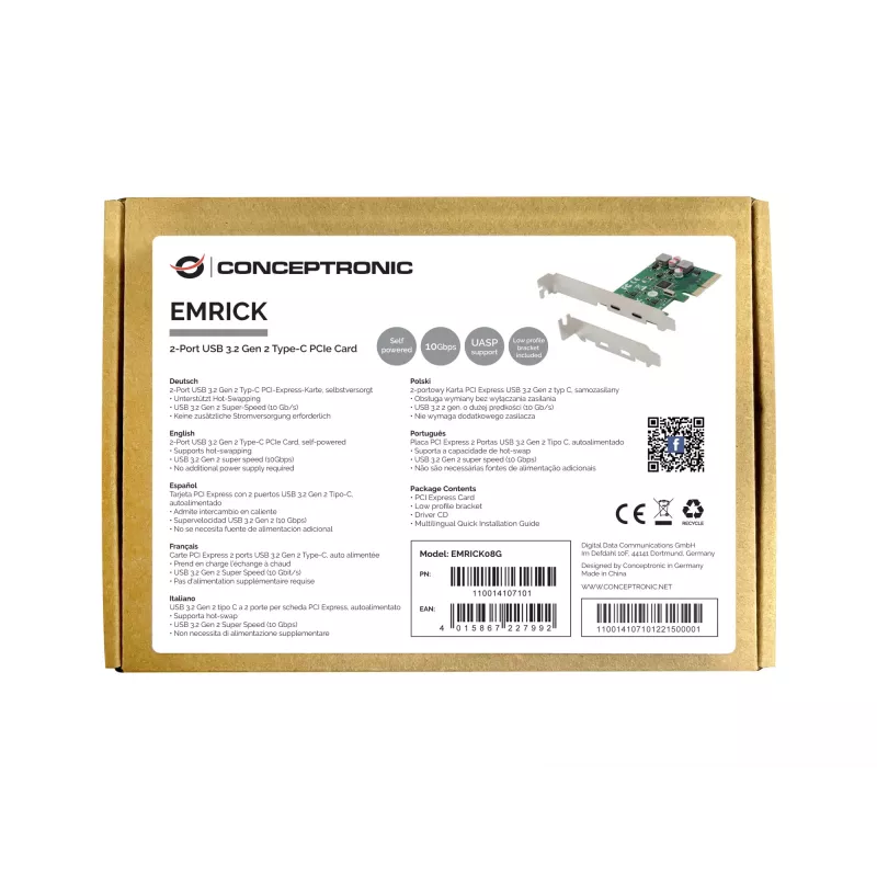 Tarjeta PCIe Conceptronic EMRICK 2 puertos USB 3.2 Gen 2 Type-C, con alimentación propia