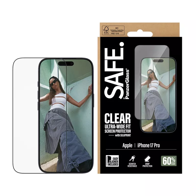 Protector de pantalla PanzerGlass SAFE. by para iPhone 17 Pro — film PET ultraancho con marco negro, aplicación en seco, resistente a arañazos y golpes