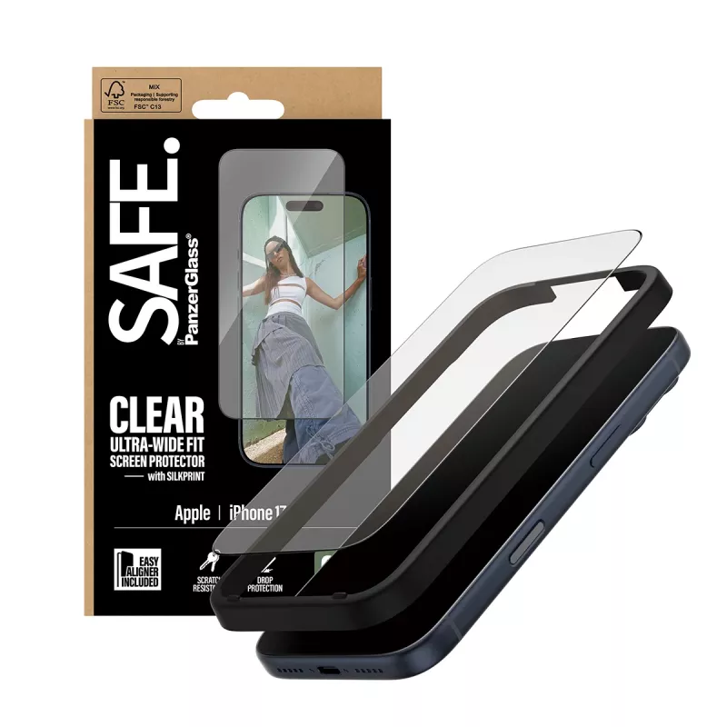 Protector de pantalla PanzerGlass SAFE. by para iPhone 17 Pro — film PET ultraancho con marco negro, aplicación en seco, resistente a arañazos y golpes