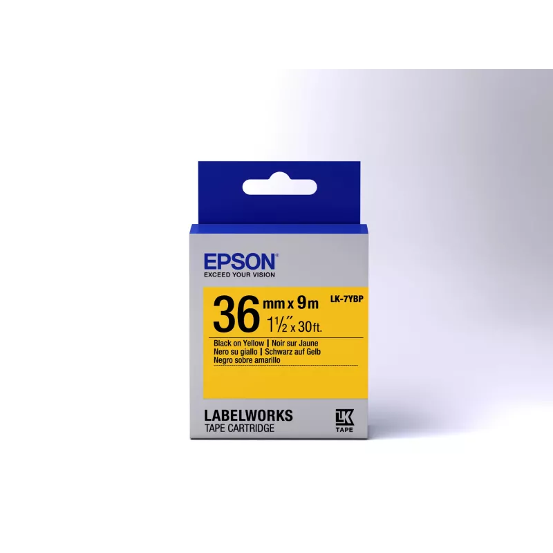 Cartucho de etiquetas Epson Pastel LK-7YBP negro/amarillo 36mm (9m), negro sobre amarillo, Japón, LabelWorks LW-1000P, LW-900P, 3,6 cm, 9 m, 1 ud.