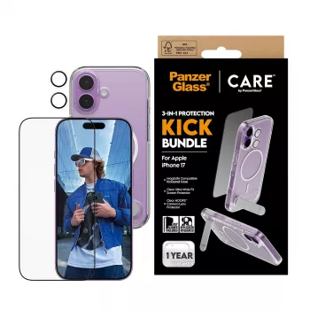 Funda protectora PanzerGlass CARE Feature Kick 3w1 para iPhone 17 con cristal de pantalla integrado y protección para la lente de la cámara