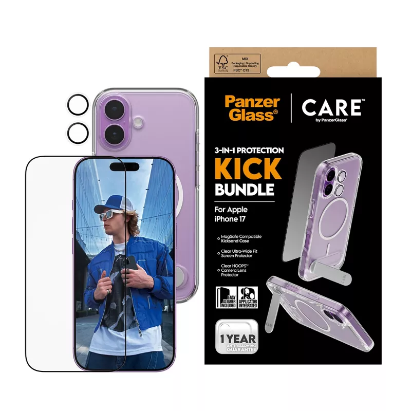 Funda protectora PanzerGlass CARE Feature Kick 3w1 para iPhone 17 con cristal de pantalla integrado y protección para la lente de la cámara