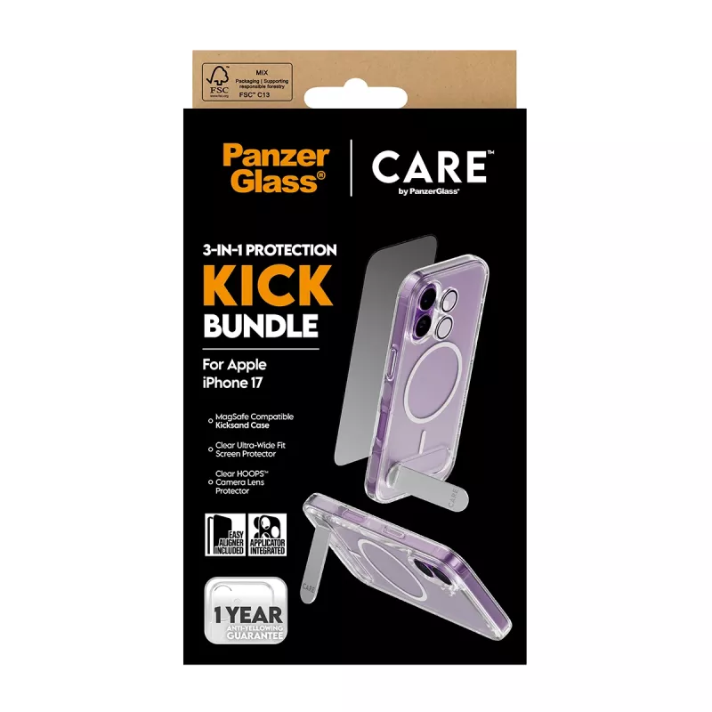 Funda protectora PanzerGlass CARE Feature Kick 3w1 para iPhone 17 con cristal de pantalla integrado y protección para la lente de la cámara