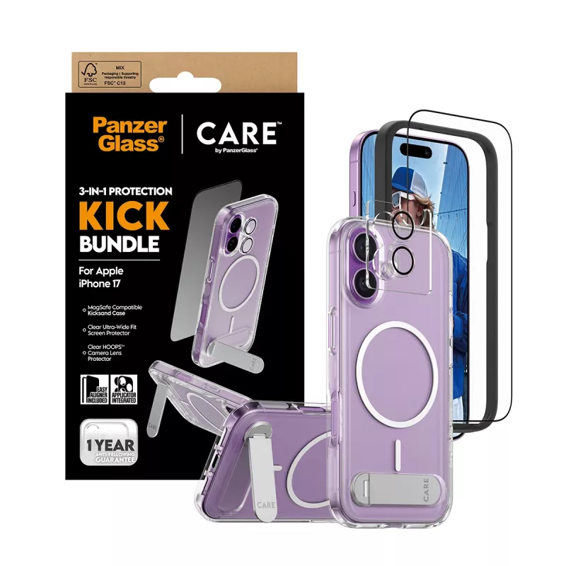 Funda protectora PanzerGlass CARE Feature Kick 3w1 para iPhone 17 con cristal de pantalla integrado y protección para la lente de la cámara