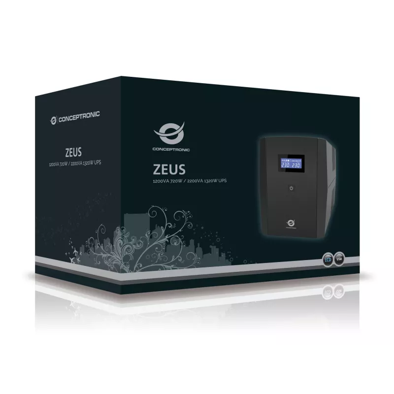 Conceptronic ZEUS 2200VA 1320W SAI, toma IEC + Schuko, línea interactiva, 2,2 kVA, 1320 W, 220 V, 240 V, 220 V