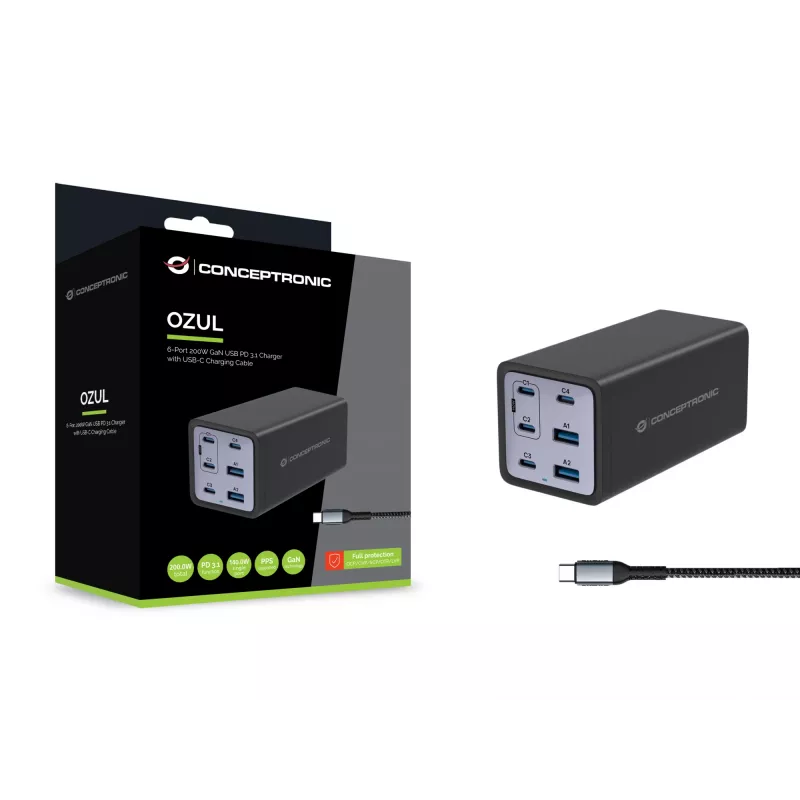 Cargador Conceptronic 6 puertos 200W GaN USB PD con cable de carga USB-C, USB-C x 4, USB-A x 2, QC 3.0, PD 3.1, PPS