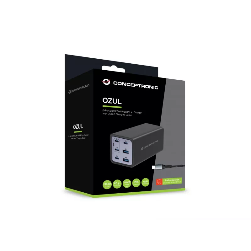 Cargador Conceptronic 6 puertos 200W GaN USB PD con cable de carga USB-C, USB-C x 4, USB-A x 2, QC 3.0, PD 3.1, PPS