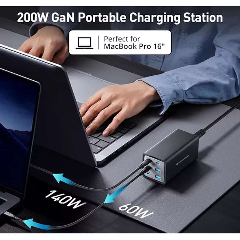 Cargador Conceptronic 6 puertos 200W GaN USB PD con cable de carga USB-C, USB-C x 4, USB-A x 2, QC 3.0, PD 3.1, PPS