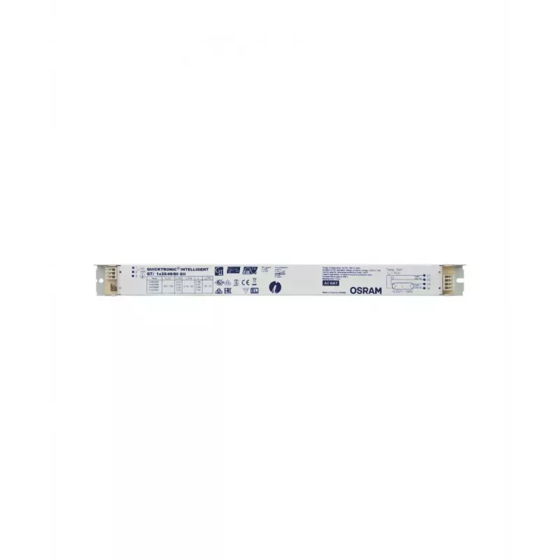 Balasto electrónico Osram QTi 1X35/49/80 GII — vida útil 100000 h, AC 198–264 V, 50/60 Hz, corriente de entrada 53 A, 360×30×21 mm