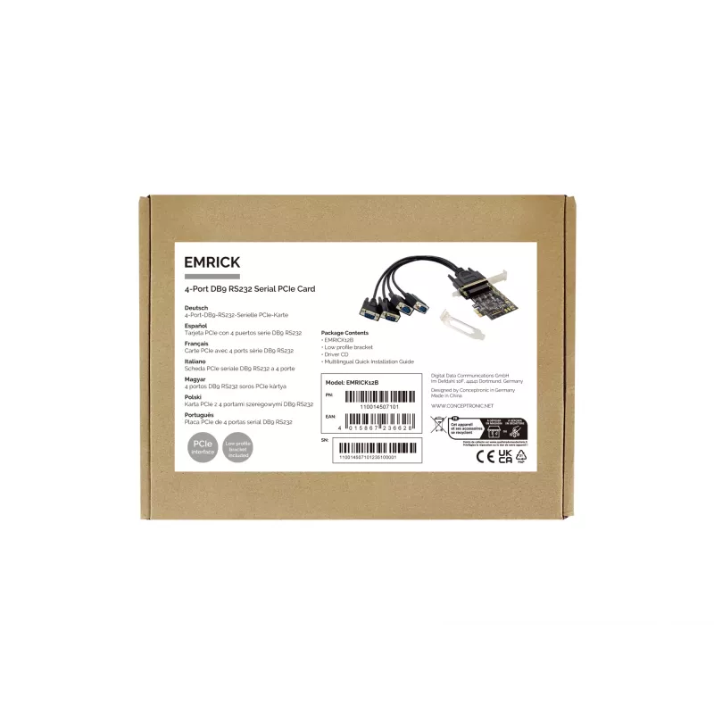 Tarjeta PCIe serie Conceptronic 4 puertos DB9 RS232, PCIe, RS-232, PCIe 2.0, RS-232, negro, China