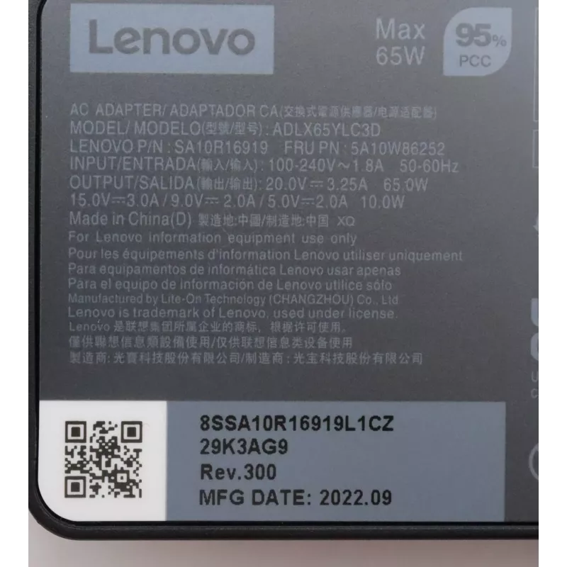 Lenovo 5A10W86252 fuente de alimentación para interiores 65 W negra