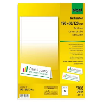 Sigel DP049 Tarjetas de mesa, 190 x 60 mm, 185 g/m², blanco extra, 40 unidades (20 hojas x 2)