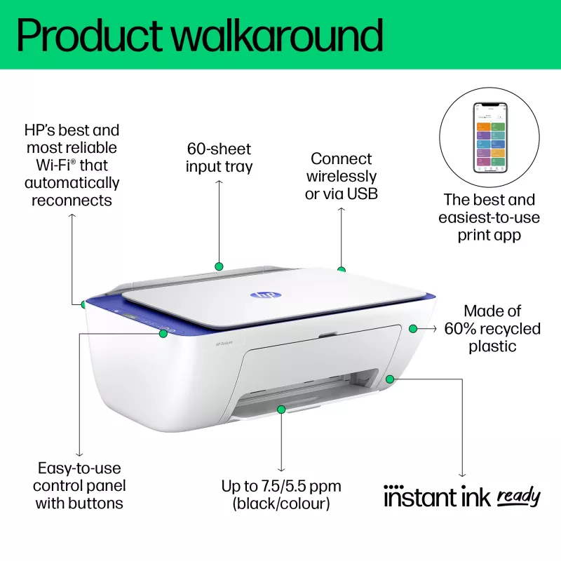 HP DeskJet 2821e Impresora multifunción inalámbrica en color, Instant Ink; copiadora, escáner