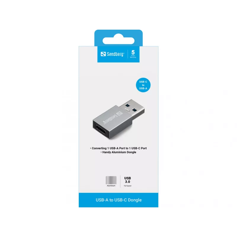 Sandberg Adaptador USB-A a USB-C, USB-A, USB-C, Aluminio