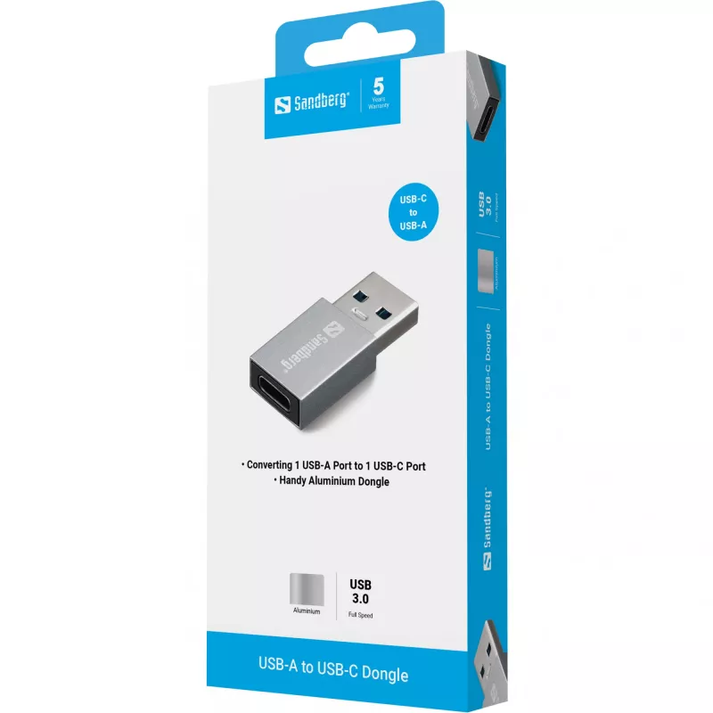 Sandberg Adaptador USB-A a USB-C, USB-A, USB-C, Aluminio